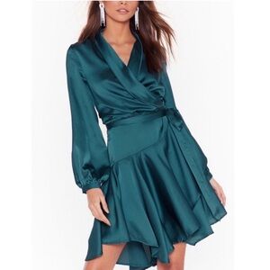 Nasty Gal Satin Wrap Mini Dress with Asymmetric Hem in Green